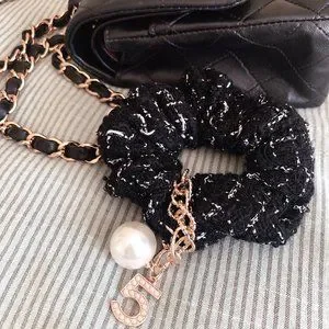 BLACK or WHITE CHANEL Hand Crafted Tweed Pearl No.5 Scrunchie Hair Tie Hand Crafted | Accessories | Black Or White Chanel Hand  main image 2